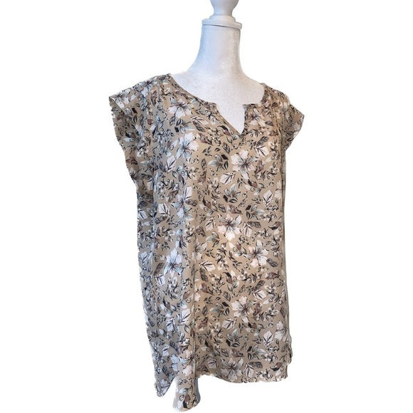 PLEIONE Floral Peasant Blouse Tan Half Sleeve Size XL - Picture 1 of 9
